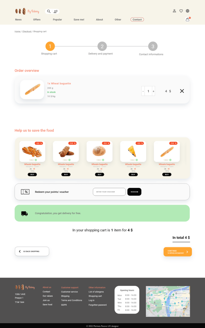 Produkt v košíku na stránce My bakery