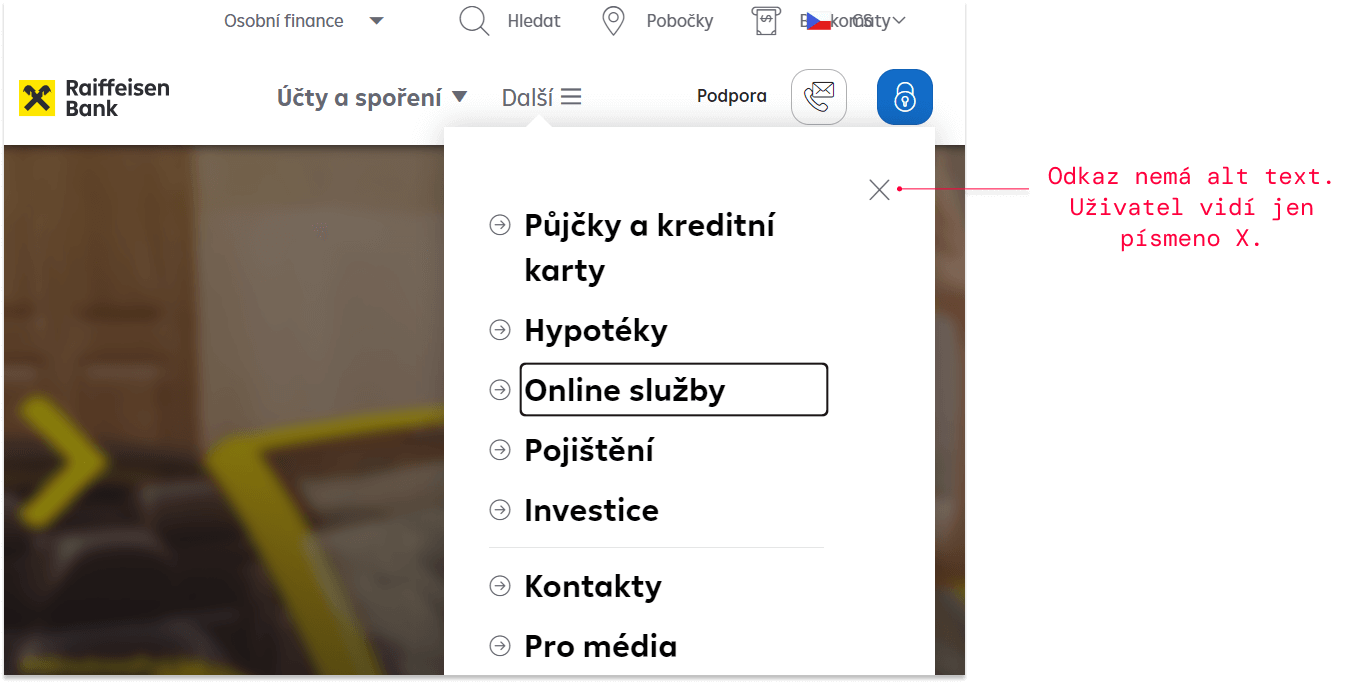 RB analýza webu z hlediska přístupnosti. Ukázka, že chybí alt text u křížku.