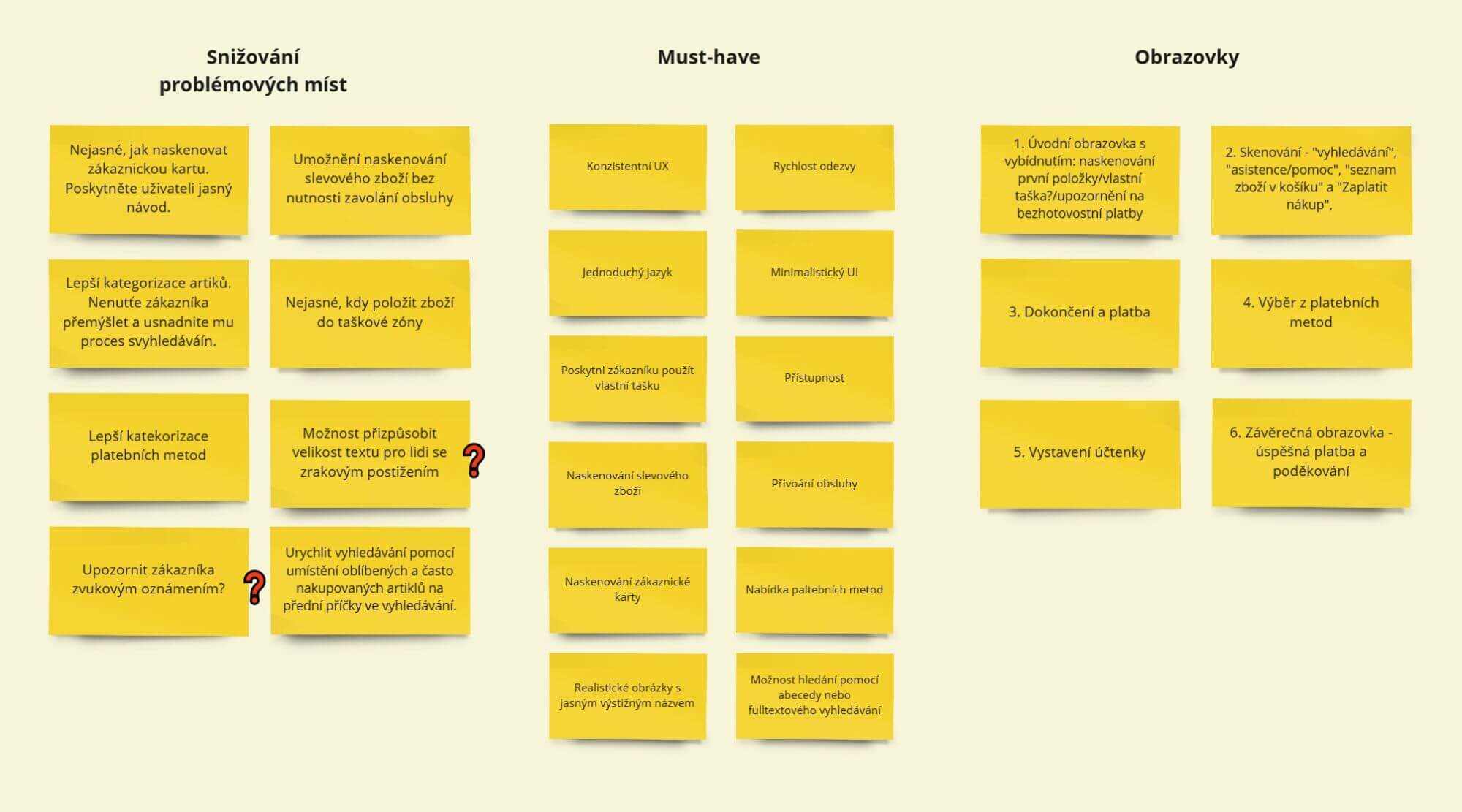 Sticky notes rozdělené do kategorií na snižování problémových míst,  must have a obrazovky