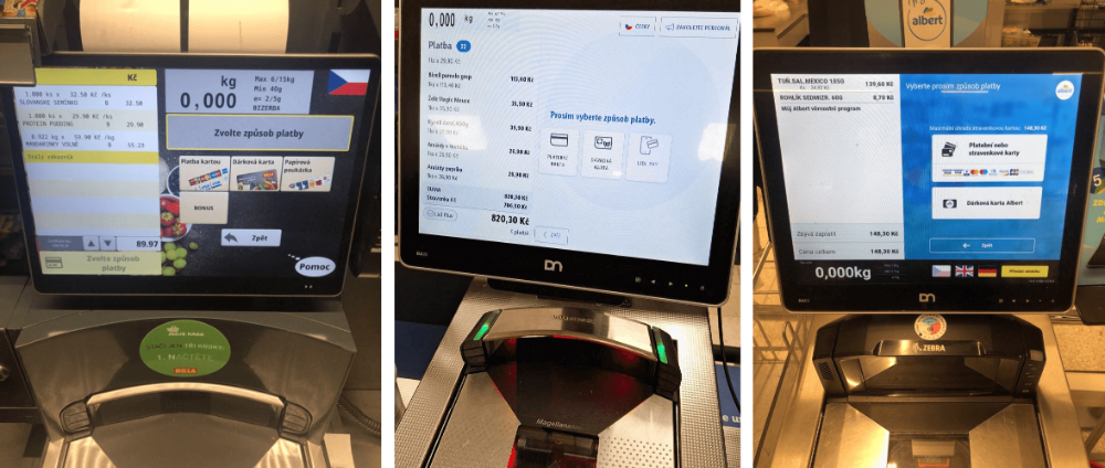 Tři obrazovky s platebními metodami v supermarketu Billa, Lidl a Albert