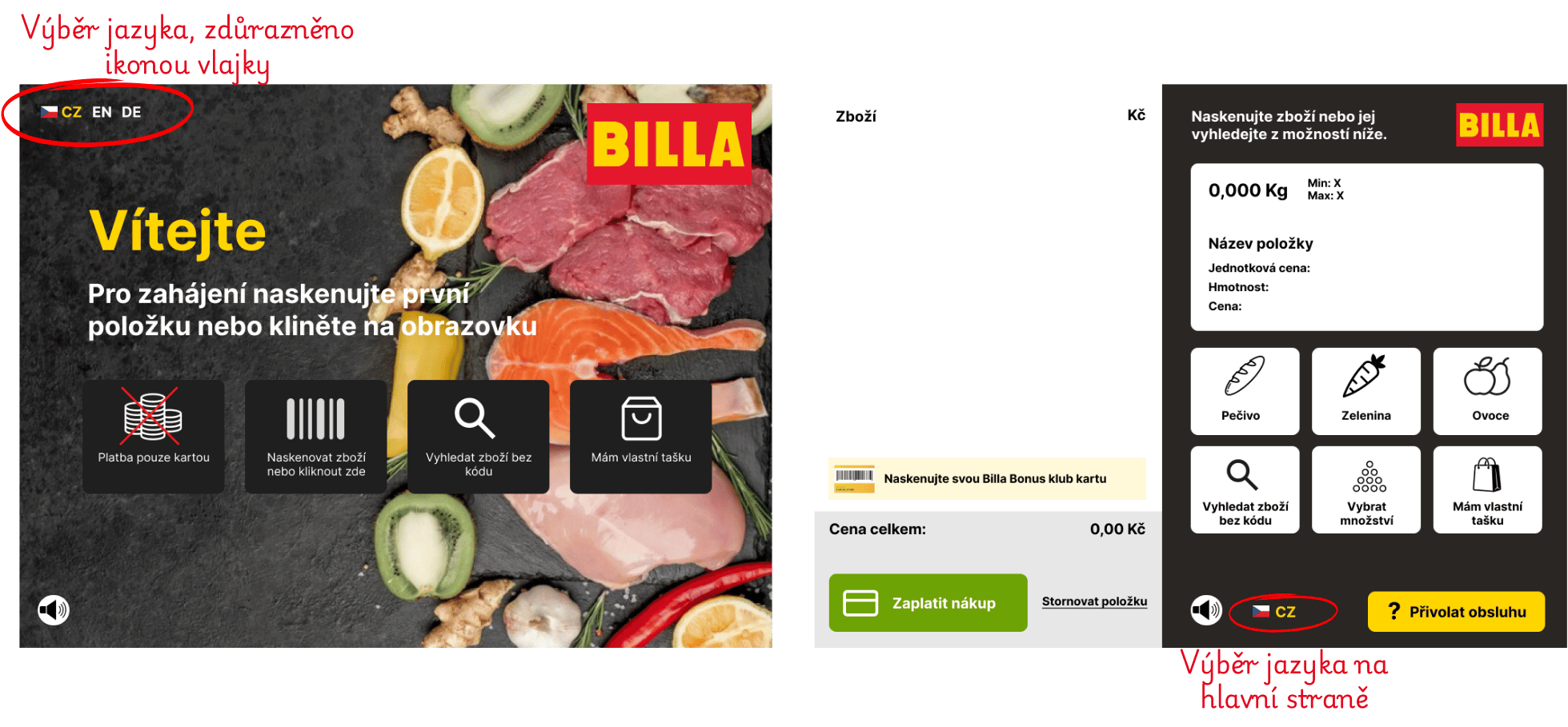 dva prototypy uvodní obrazovka a výběr kategorií z úvodní obrazovky